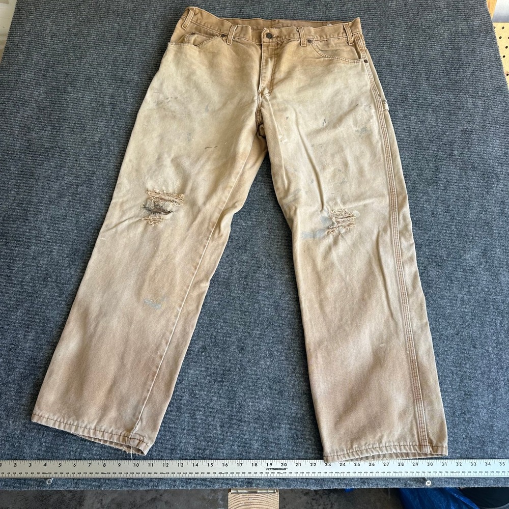 Dickies Carpenter Pants Mens 34x30 Distressed Thrashed Paint Splatter Tan Duck